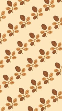 Seamless autumn pattern of leaf sprigs with brown and tan foliage on warm beige background animation for fall season wallpaper and Thanksgiving backdrop design.