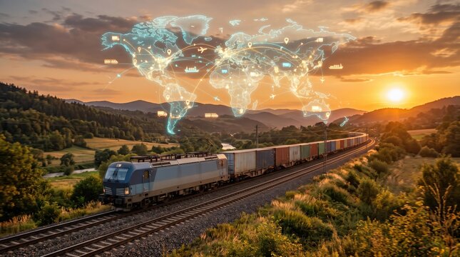 Freight train transporting containers through countryside with digital world map overlay at sunset, representing global logistics, international trade, supply chain management