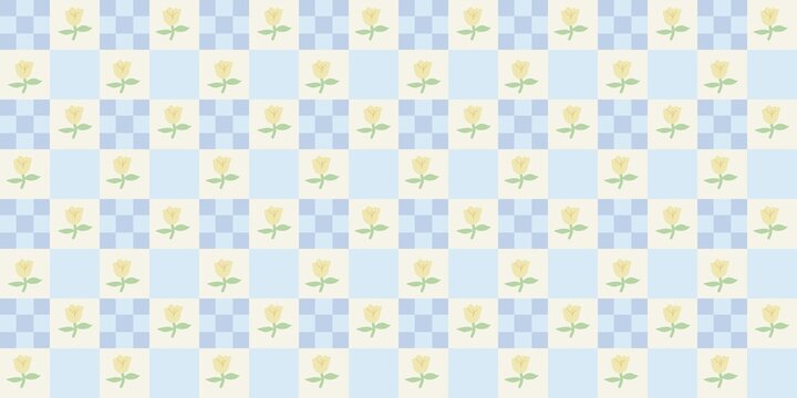 ​Pola mulus bunga tulip kuning kecil di atas latar belakang kotak-kotak biru pastel. Ilustrasi musim semi yang lucu dan bergaya retro. Sempurna untuk tekstil dan kemasan. 
