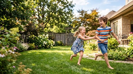 Fototapeta premium Two happy children running across a lush green backyard lawn