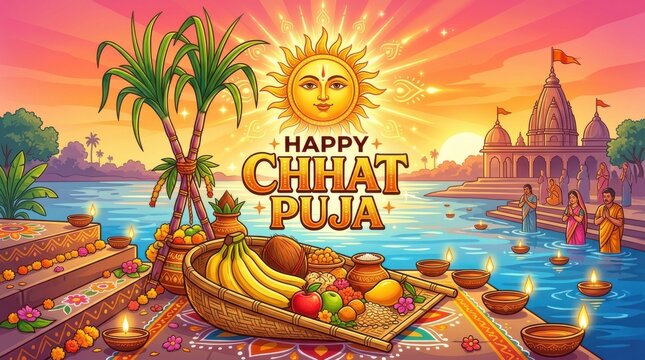 A vibrant vector illustration depicts a chhat puja celebration with a sun face and offerings chhatpuja chhatpujafestival bihar festival sunface