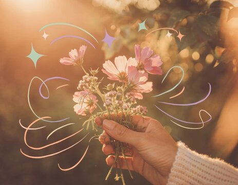 Hand holding pink cosmos flowers with aesthetic pastel doodle lines at sunset