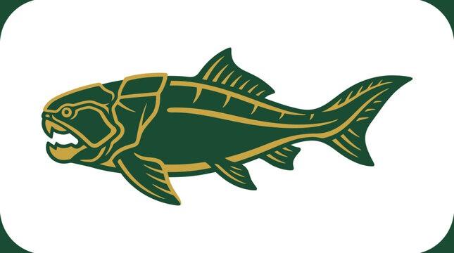 Dunkleosteus prehistoric fish, dark green and gold illustration, isolated