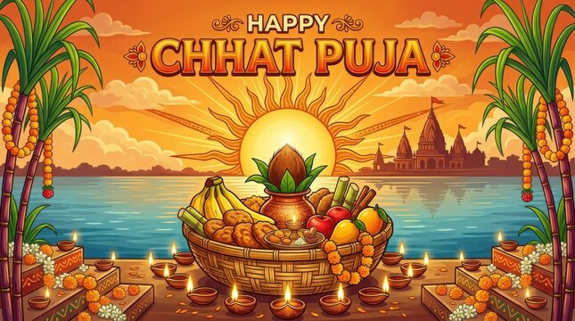 A vibrant chhat puja illustration depicts traditional offerings and a scenic riverside temple backdrop chhatpuja festival hindu ritual offering worship