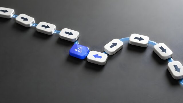 Blue block with warning icon breaking away from a line of white arrow blocks. Concept of risk management, problem identification, and business disruption strategy.