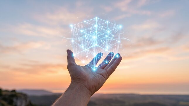 Human hand holding glowing digital cube network structure against sunset sky background, representing blockchain technology and future connectivity