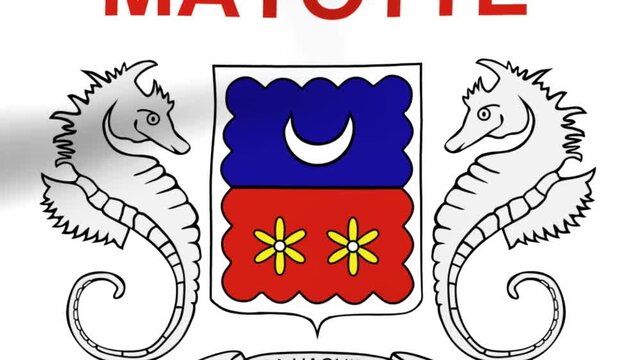 Heraldic emblem of mayotte featuring two seahorses and a shield with a crescent moon and two flowers