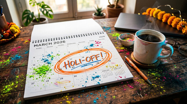 Desk calendar with Holi holiday reminder sits surrounded by colorful powder and office items.
