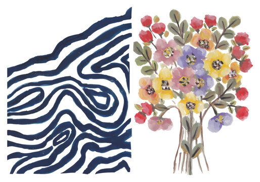 Abstract pattern and colourful flowers hand drawn watercolour