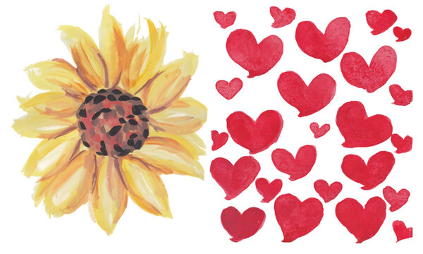 Sunflower and heart pattern hand drawn watercolor art