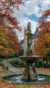 The historic Monopteros temple framed by vibrant red autumn vine foliage in Schlosspark Hohenried Bernried Germany capturing fall travel aesthetics