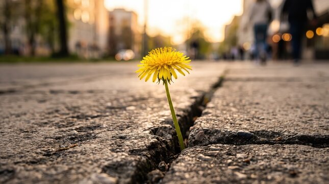 Resilient yellow dandelion flower growing through a crack in the concrete pavement, symbolizing hope, nature's strength and urban survival in the city street environment
