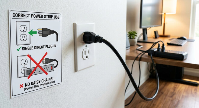 Electrical Safety Poster Showing Correct Power Strip Use and Daisy Chain Fire Prevention in Office Setting
