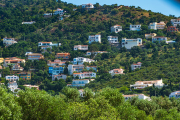 Fototapeta premium Mediterranean Hillside Homes Surrounded by Lush Greenery in Cadaqués, Costa Brava, Spain