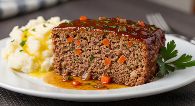 Meatloaf slice rests beside creamy mashed potatoes on a white plate.