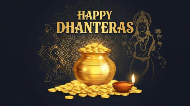 Golden pot surrounded by coins and a deity represents the festive celebration of dhanteras festival wealth prosperity illumination ornament divine