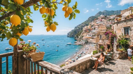 Fototapeta premium Terrace view of Positano with lemons and the sea, a woman enjoys a drink