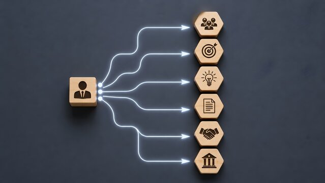 Wooden businessman block connecting to hexagon business icons via glowing lines. Concept of corporate workflow, digital marketing, and team management.