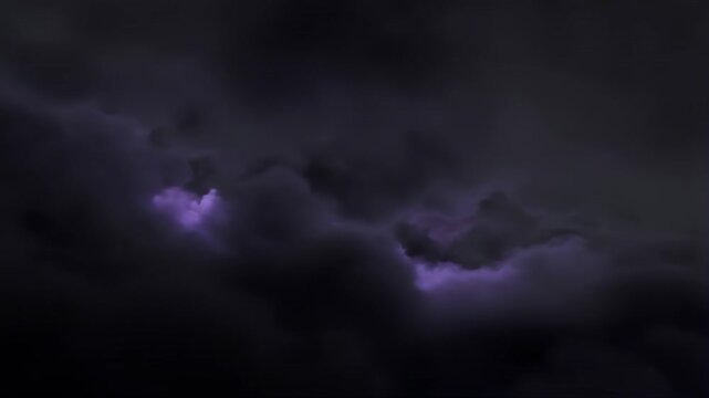 Dark Storm Clouds with Purple Lightning Flashes. Dramatic Thunderstorm Weather Animation with Electric Arcs and Stormy Atmosphere