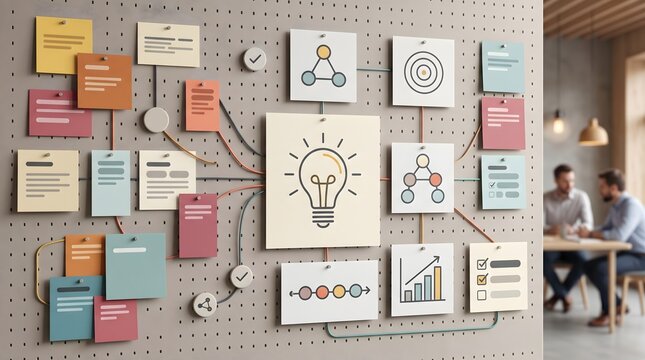 Brainstorming strategy board with connected sticky notes and central lightbulb illustrating creative mind mapping and team workflow
