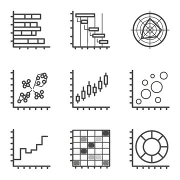Set of business data charts and financial graph icons for professional analytics reports.