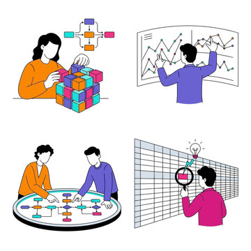 Business data analysis and project management vector illustration set