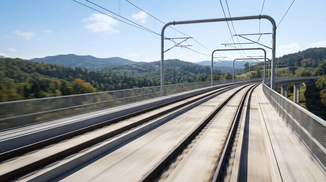High speed railway tracks stretching over an elevated concrete bridge through a beautiful lush green landscape