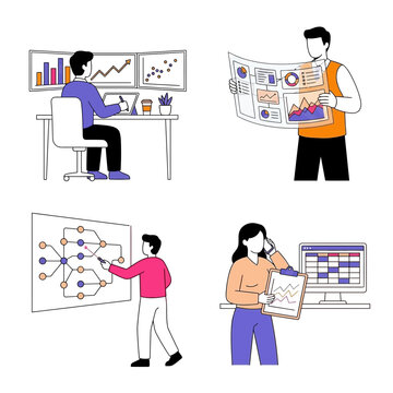 Business People Analyzing Data Charts and Financial Analytics Vector Illustration Set