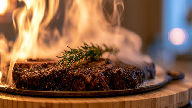 Sizzling ribeye steak served on a hot cast iron plate with flaming herbs barbecue delicious