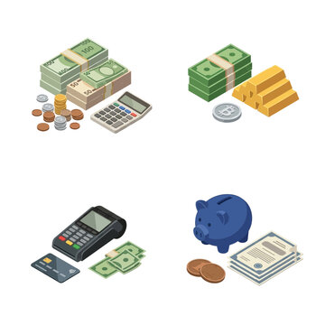 Isometric finance and banking icons set with money cash gold bars and payment terminal