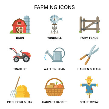 Farming and Agriculture Icon Set Featuring Farm Equipment and Rural Life Elements