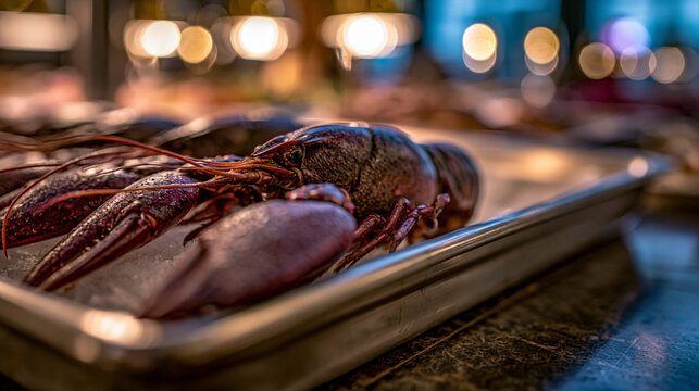 Fresh crawfish served on ice platter at a buffet restaurant with crawfish crustacean shellfish