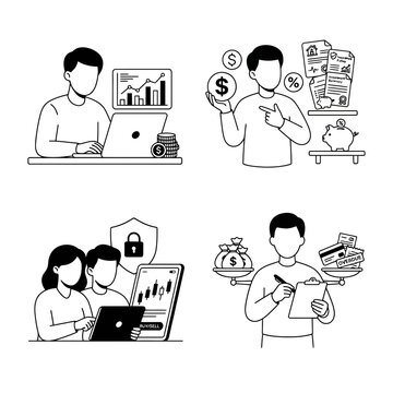 Business and Finance Line Art Icon Set Featuring People Managing Money and Investments