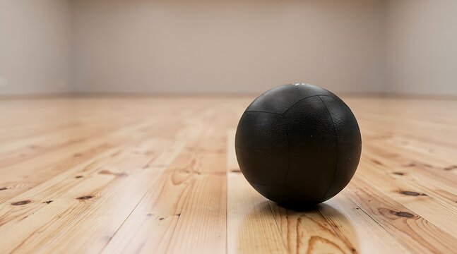 A single black exercise ball resting on a light wooden gym floor.