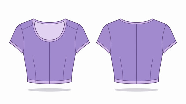 Purple Female Short Sleeve Scoop Neck Crop Top Technical Flat Drawing Front and Back View Fashion Template