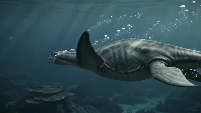 Ancient Plesiosaur Dinosaur Swimming Underwater in Deep Blue Ocean Depths near Coral Reefs, Prehistoric Marine Reptile