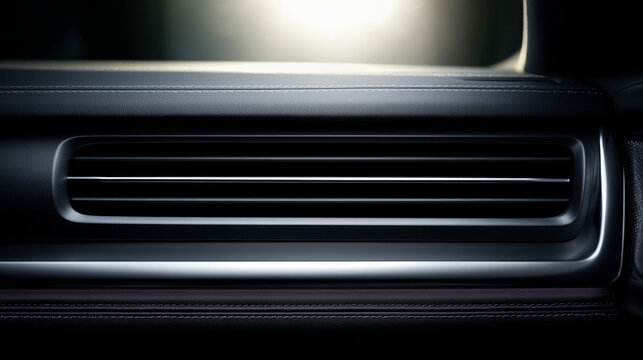 Closeup of a modern car dashboard air conditioning vent with leather stitching detail