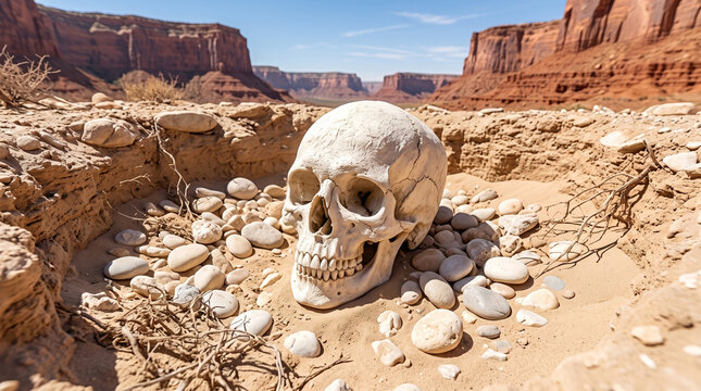 Weathered human skull sitting alone on sandy desert ground surrounded by small stones under blue sky