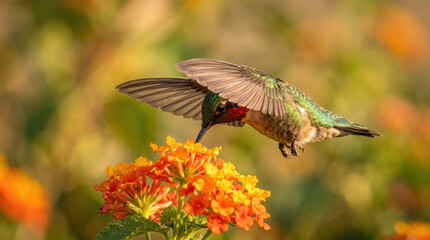Naklejka premium Hummingbird flower flying bird nectar wing orange garden wildlife near vivid bloom while feeding in warm natural light with soft green background and delicate motion