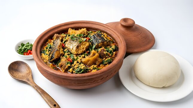 A delicious pot of seafood soup served in a traditional clay pot, accompanied by a side of fufu and a small bowl of spicy condiments