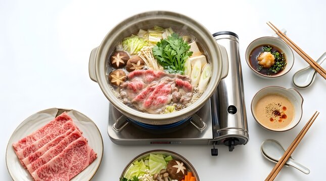 A delicious Japanese hot pot dish featuring thinly sliced beef, fresh vegetables, and mushrooms, served in a traditional pot with dipping sauces