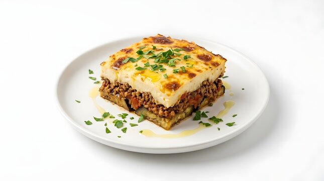 A delicious moussaka served on a white plate, garnished with fresh herbs and olive oil. This classic Greek dish features layers of eggplant, minced meat, and creamy b&eacute;chamel sauce.