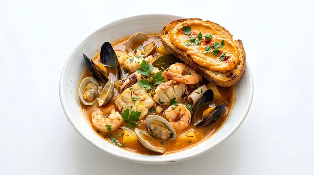 A delicious bowl of seafood stew filled with various seafood, vegetables, and a slice of toasted bread on the side, seasoned with fresh herbs
