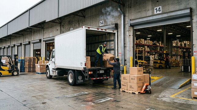 Warehouse dock with a delivery truck's engine idling as boxes are unloaded | Medical Supply Chain & Hospital Logistics Warehouse Scene Stock Photo