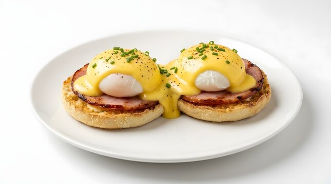 Two delicious eggs benedict with hollandaise sauce served on an English muffin with ham and chives