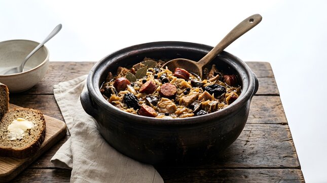 Hearty bigos in a rustic pot, served with bread and butter, on a wooden table