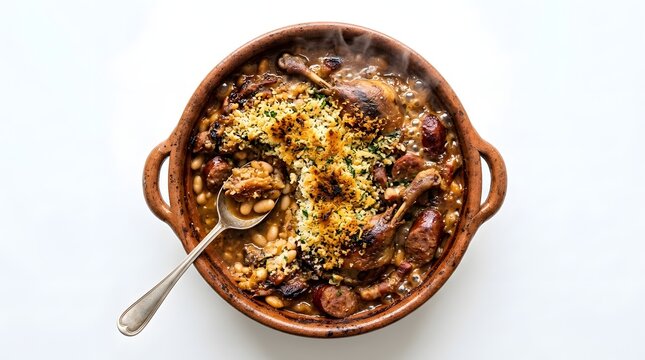 A rustic clay pot filled with a steaming cassoulet, a hearty French stew with white beans, duck confit, and sausage, ready to be served with a spoon