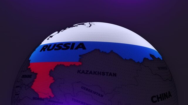 a digital futuristic-style globe focusing on Russia, map, russia map, russia flag,