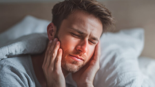 Man lying in bed and holding both sides of his jaw with eyes closed, expressing severe dental discomfort and toothache, suitable for healthcare, dentistry and pain concepts.