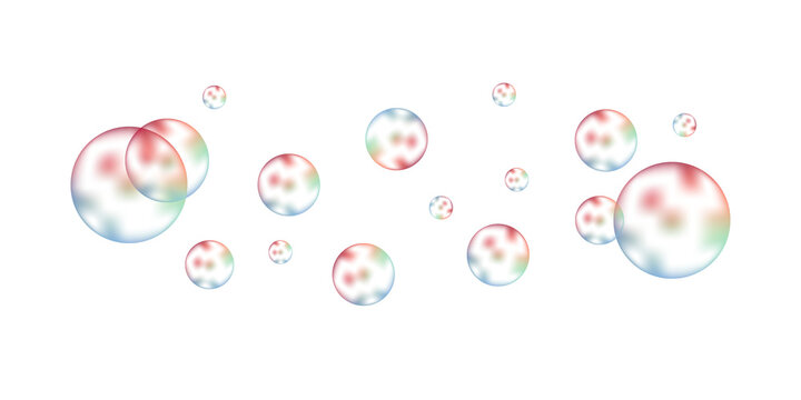 Colorful iridescent soap bubbles floating on a clean white background with reflections